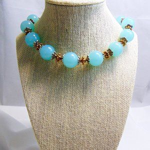 Light Blue Acrylic Chunky Necklace 21" Silver/Gold